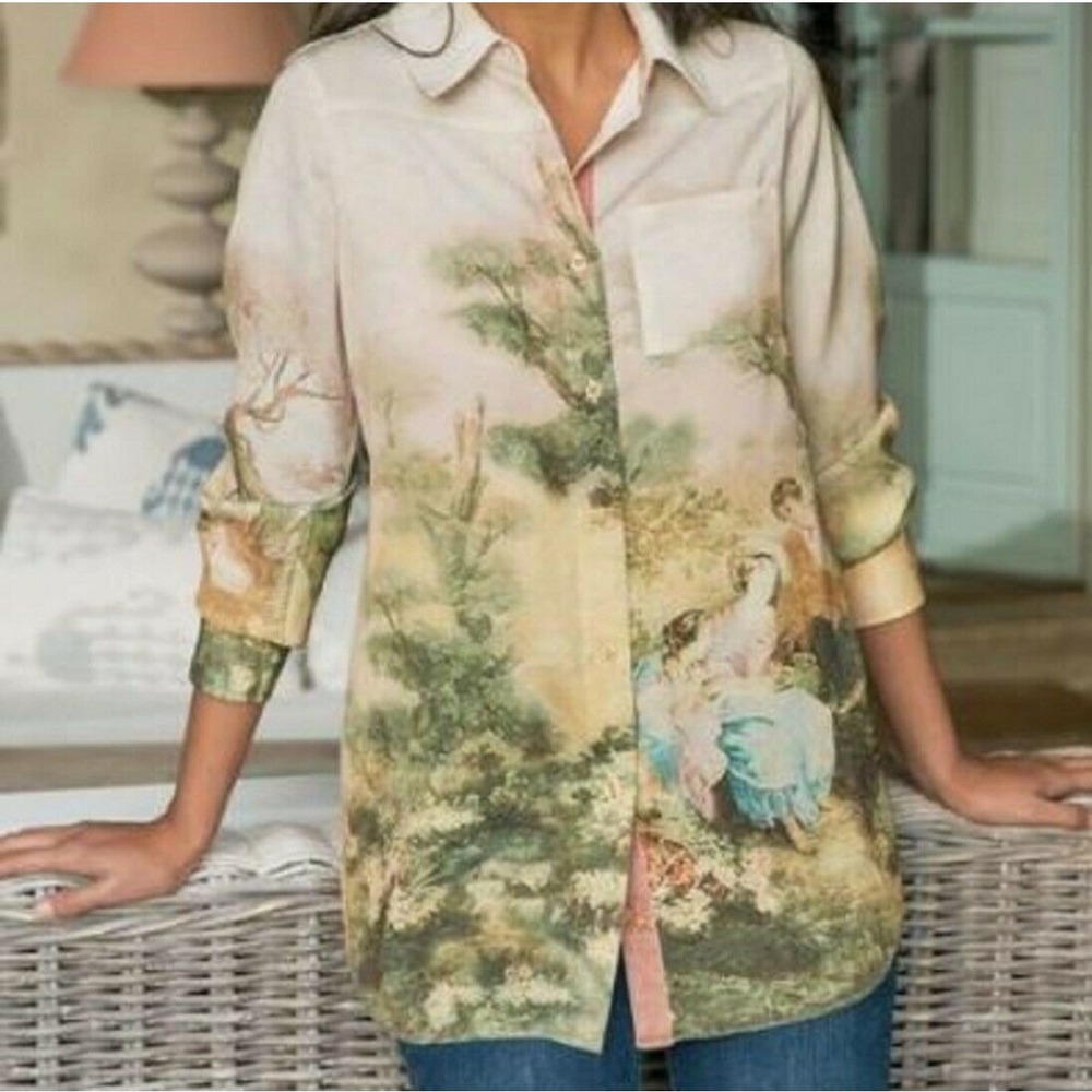 Soft Surroundings Artsy Romantic Pastoral Button Up Tunic Top Medium